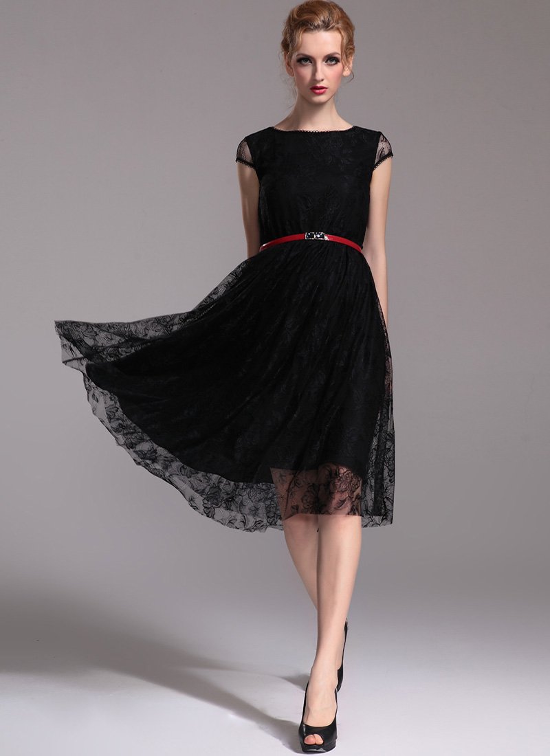Black Lace Midi Dress with Cap Sleeves - Black Lace Tea Dress - R24