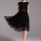 Black Lace Midi Dress with Cap Sleeves - Black Lace Tea Dress - R24