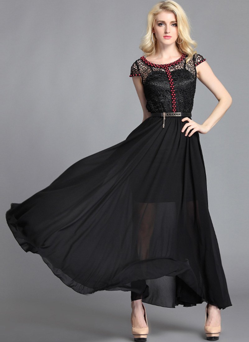 Black Lace Chiffon Maxi Dress with Red Bead Embellishment RM63