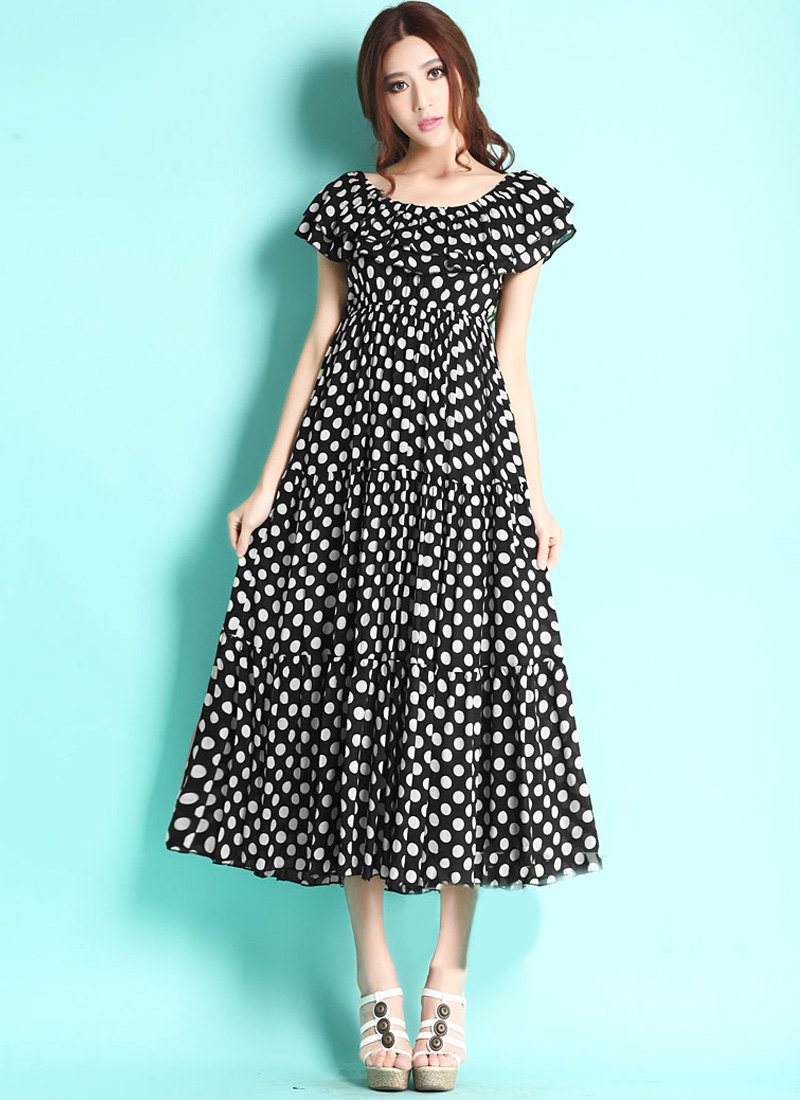 Off-Shoulder Black Polka Dot Midi Dress with Tired Skirt Design RM73