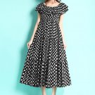 Off-Shoulder Black Polka Dot Midi Dress with Tired Skirt Design RM73