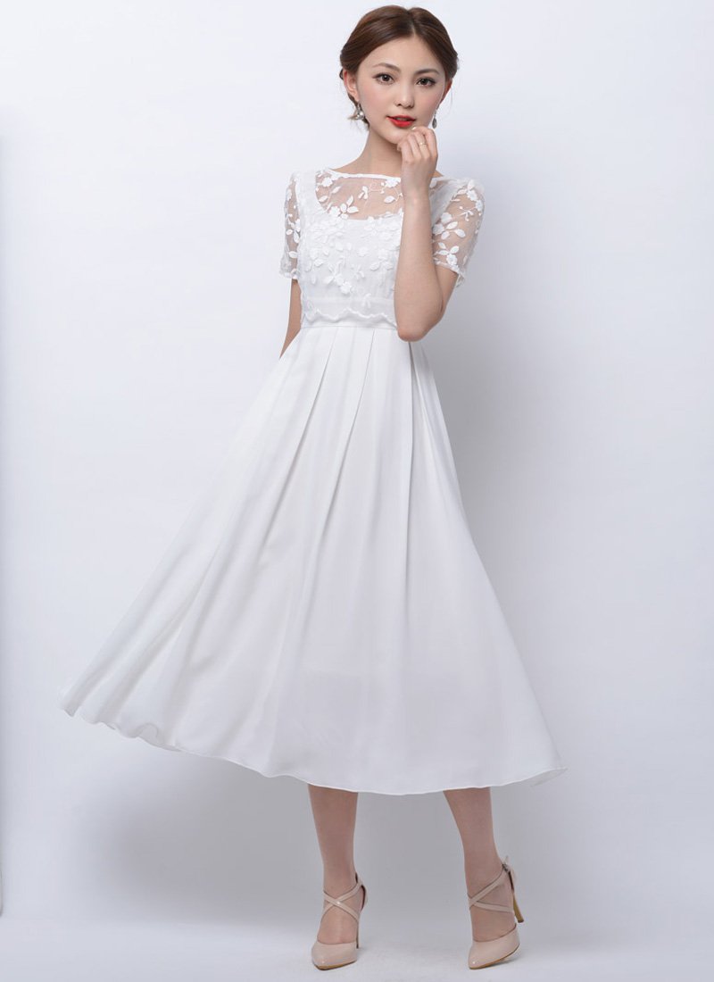 White Embroidered Floral Lace Chiffon Midi Dress RM75