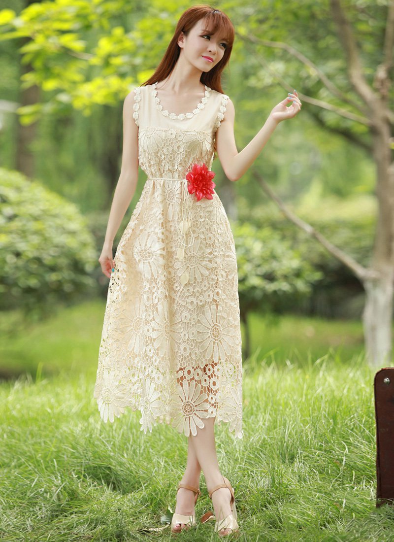 Beige Sunflower Lace Midi Dress with Daisy Lace Trim Details RM101