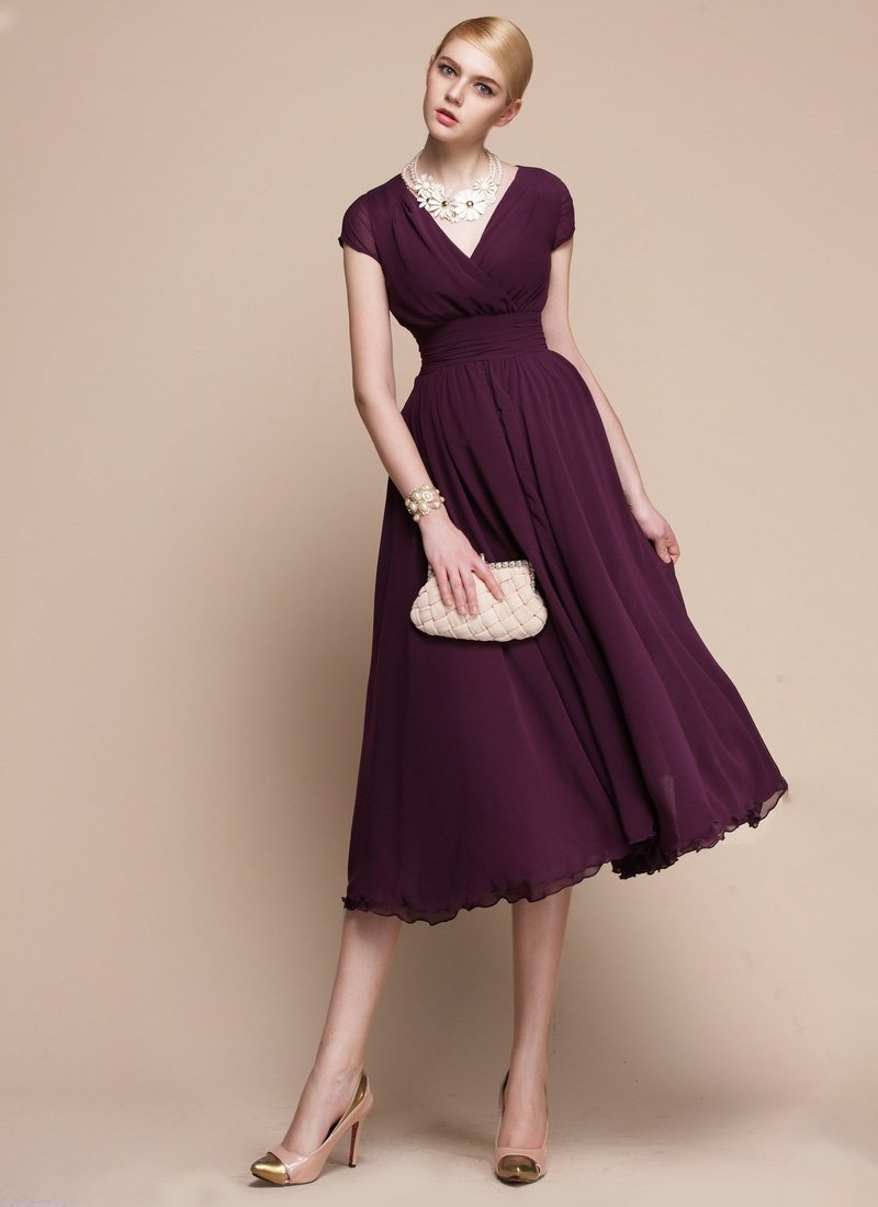 V Neck Purple Midi Dress with Layered Skirt and Ruched Waist Yoke RM114