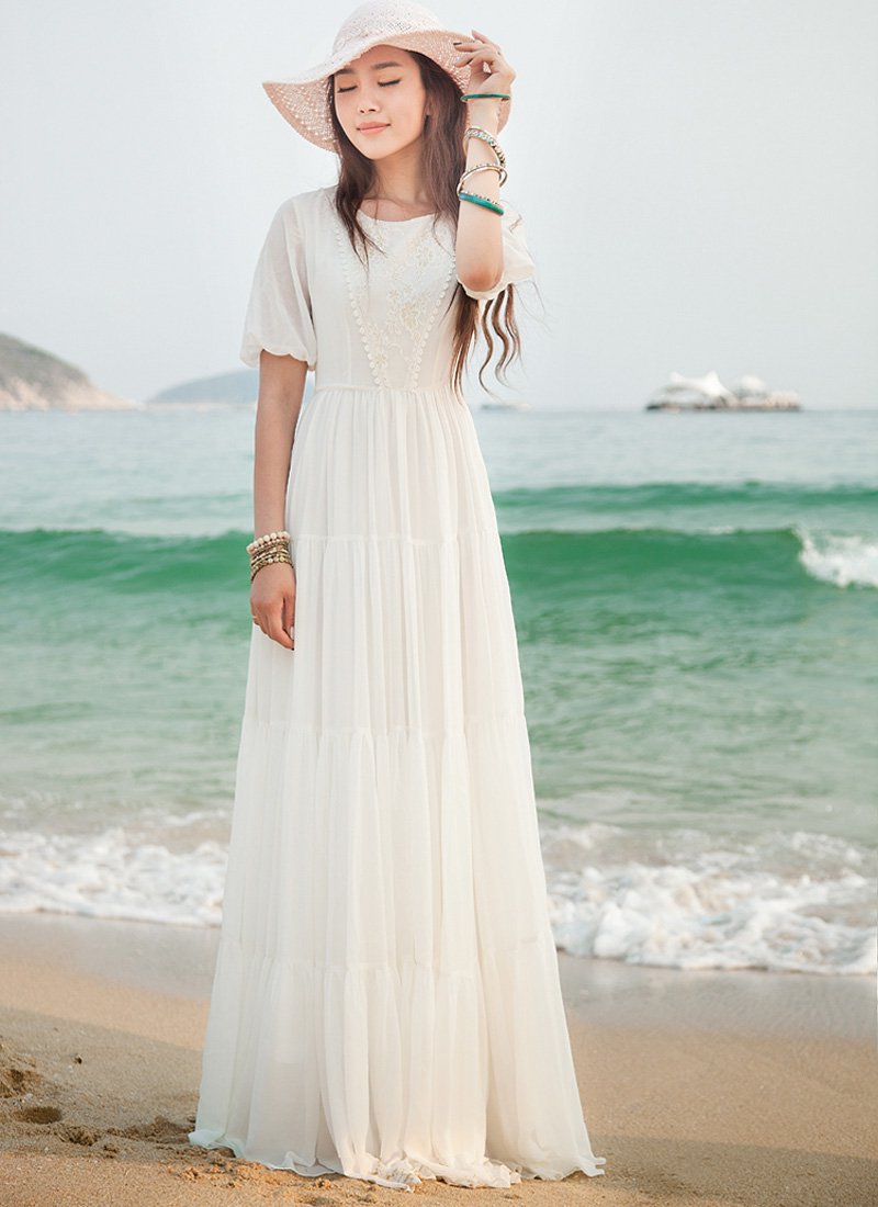 White Maxi Dress with Gold Lace Details and Tiered Skirt RM121