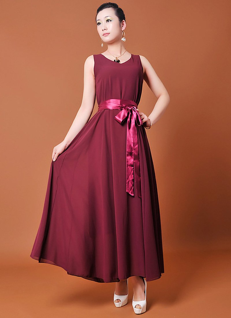 V Neck Maroon Maxi Dress with Red Satin Sash RM124