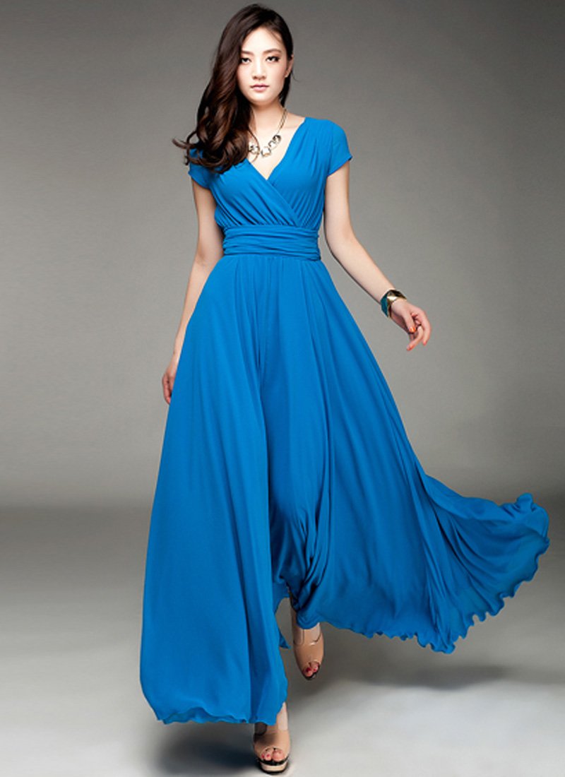 Cap Sleeve Blue Maxi Dress with V Neck & Ruched Waist Yoke RM157