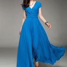 Cap Sleeve Blue Maxi Dress with V Neck & Ruched Waist Yoke RM157