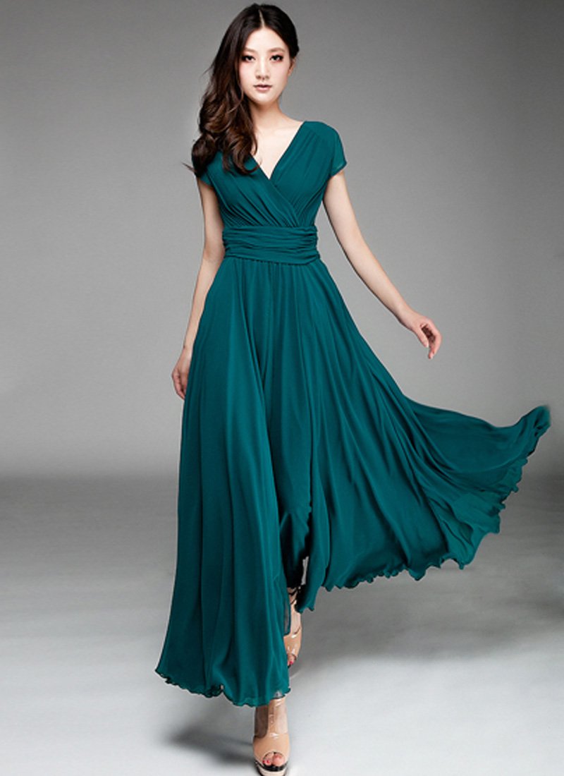 Cap Sleeve Teal Maxi Dress with V Neck & Ruched Waist Yoke RM157