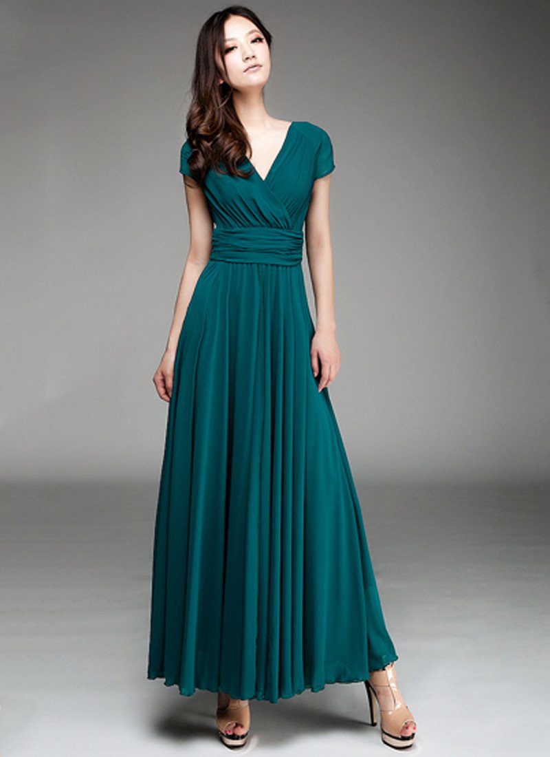 Cap Sleeve Teal Maxi Dress with V Neck & Ruched Waist Yoke RM157