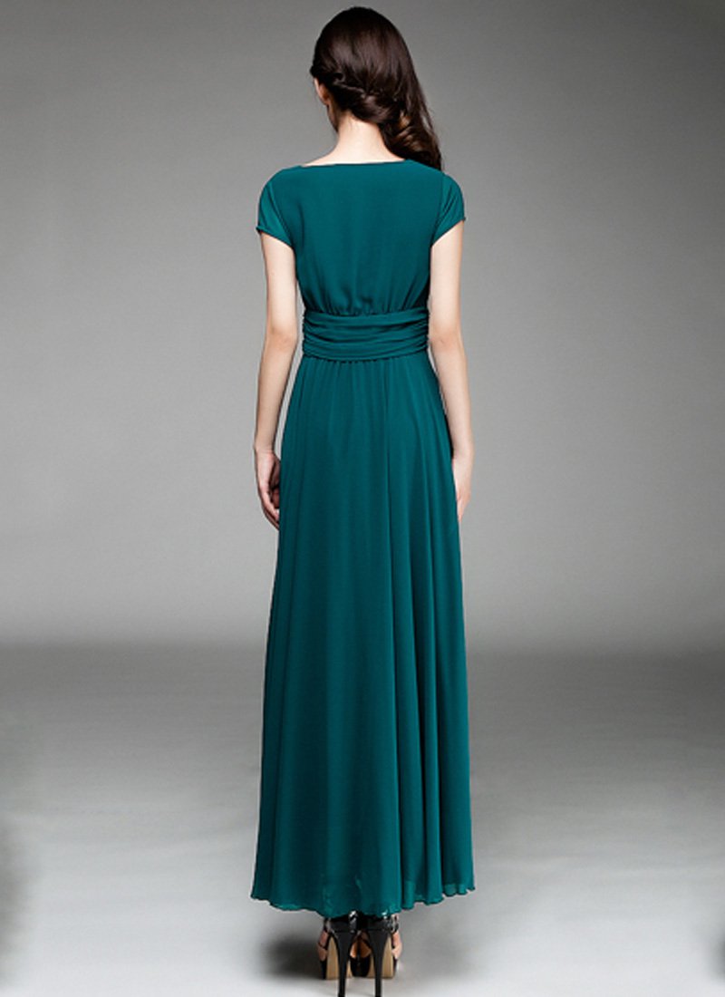 Cap Sleeve Teal Maxi Dress with V Neck & Ruched Waist Yoke RM157