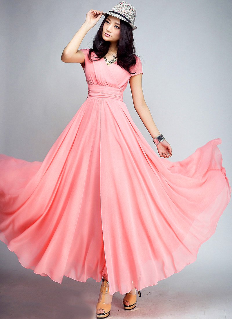 Cap Sleeve Coral Maxi Dress with V Neck & Ruched Waist Yoke RM157