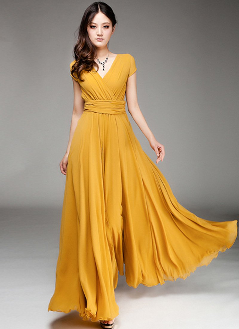 Cap Sleeve Ginger Yellow Maxi Dress with V Neck & Ruched Waist Yoke RM157