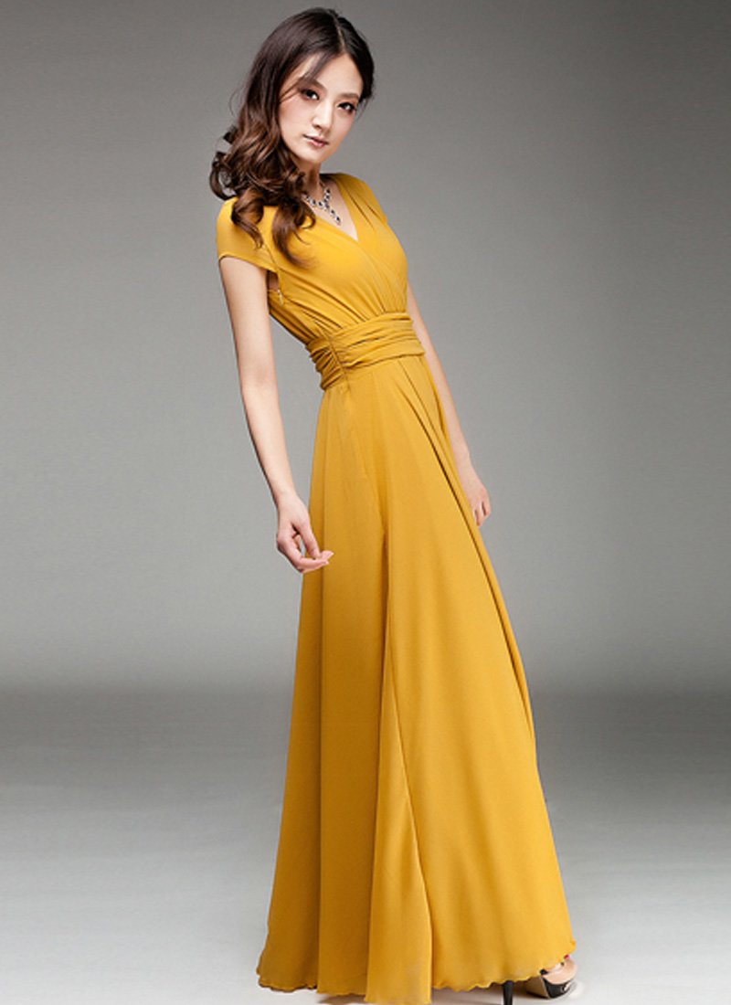 Cap Sleeve Ginger Yellow Maxi Dress with V Neck & Ruched Waist Yoke RM157