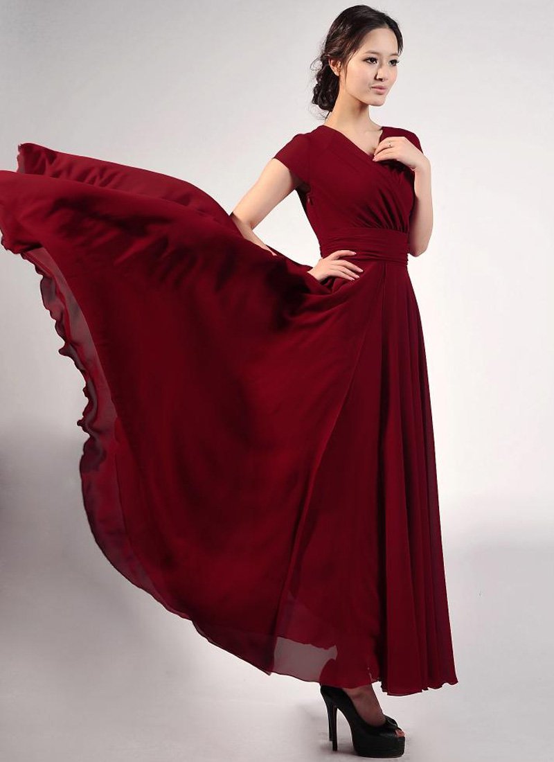 Cap Sleeve Maroon Maxi Dress With V Neck And Ruched Waist Yoke Rm157