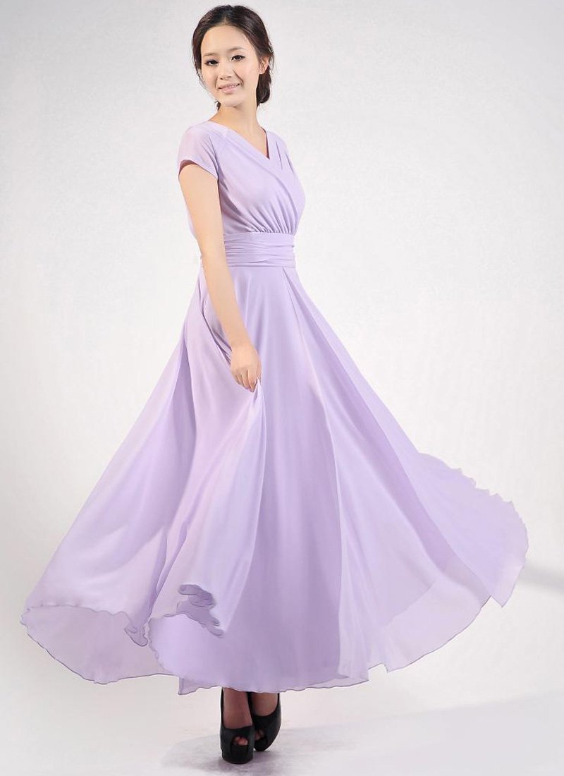 Cap Sleeve Violet Maxi Dress with V Neck & Ruched Waist Yoke RM157