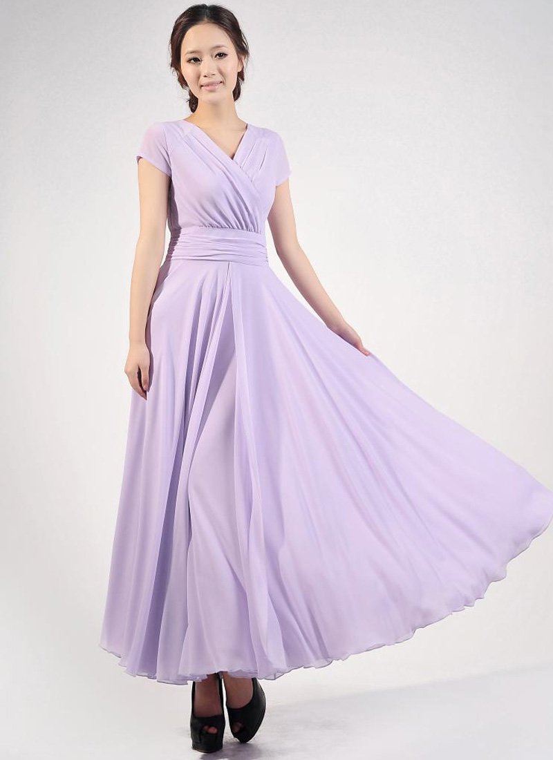 Cap Sleeve Violet Maxi Dress with V Neck & Ruched Waist Yoke RM157