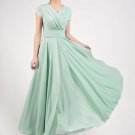 Cap Sleeve Mint Green Maxi Dress with V Neck & Ruched Waist Yoke RM157