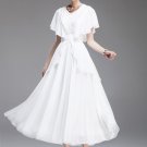 Layered White Maxi Dress with Pleated Waist & Flutter Sleeves RM161