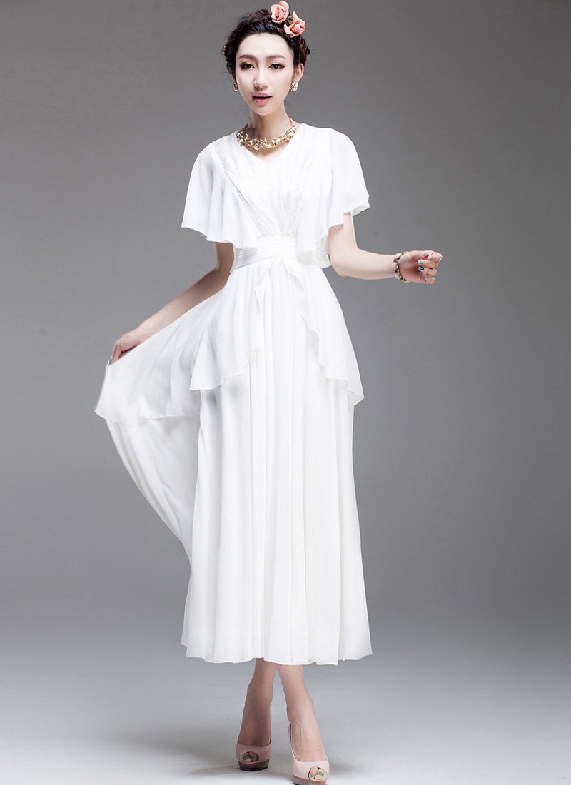 Layered White Maxi Dress with Pleated Waist & Flutter Sleeves RM161