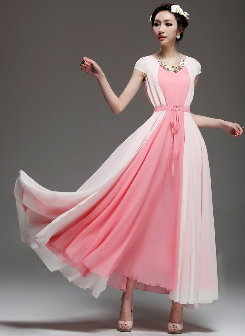 Pink Maxi Dress with White Asymmetric Overlay RM162