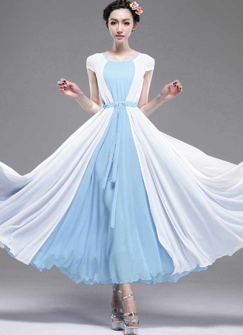 Blue Maxi Dress with White Asymmetric Overlay RM162