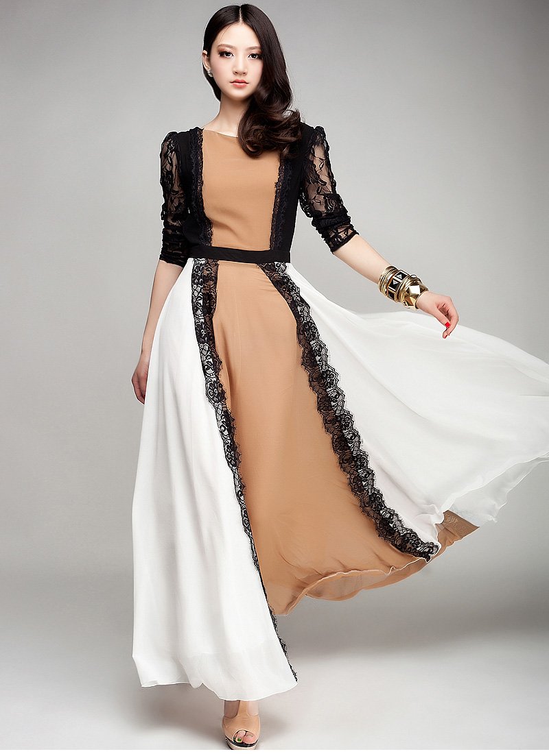 Brown Maxi Dress with Black Lace Details & White Skirt RM164