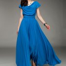 Blue Maxi Dress with Draped Neckline and Ruched Waist Yoke RM176