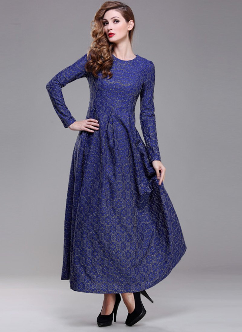 Gold Gilded Blue Lace Maxi Dress with Long Sleeves RM191