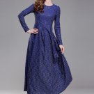 Gold Gilded Blue Lace Maxi Dress with Long Sleeves RM191