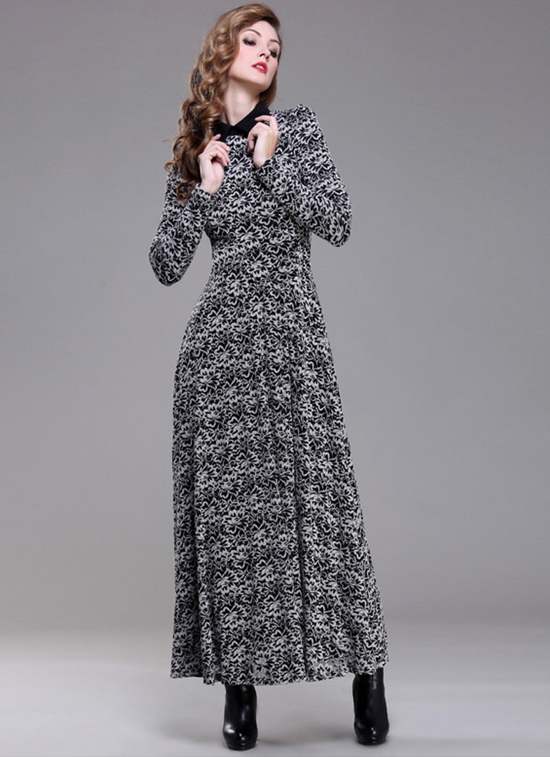 Black and White Lace Maxi Dress with Shirt Collar RM193