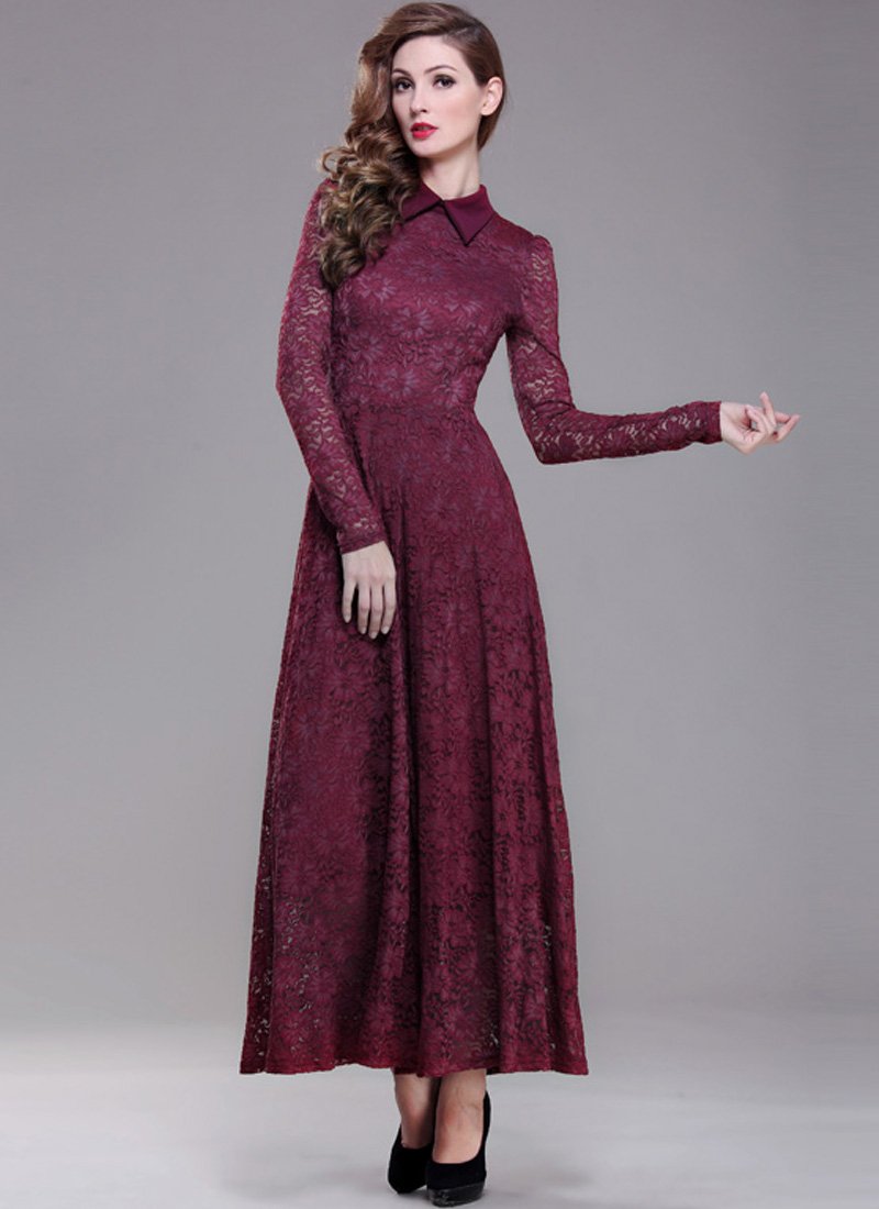 Maroon Lace Maxi Dress with Shirt Collar RM193