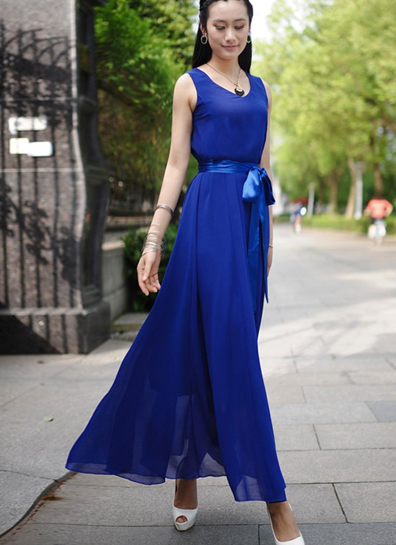 V Neck V Back Blue Chiffon Maxi Dress with Satin Sash RM195