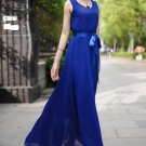 V Neck V Back Blue Chiffon Maxi Dress with Satin Sash RM195