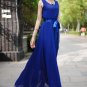 V Neck V Back Blue Chiffon Maxi Dress with Satin Sash RM195