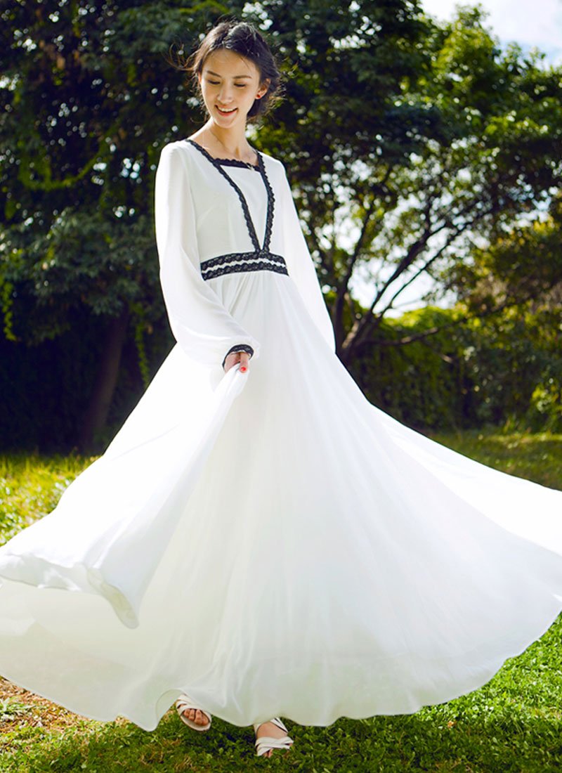 Long Sleeve White Maxi Dress with Black Lace Details RM196