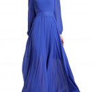 Long Sleeved Blue Chiffon Maxi Dress with V Neck and Stand Collar RM197