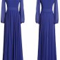 Long Sleeved Blue Chiffon Maxi Dress with V Neck and Stand Collar RM197