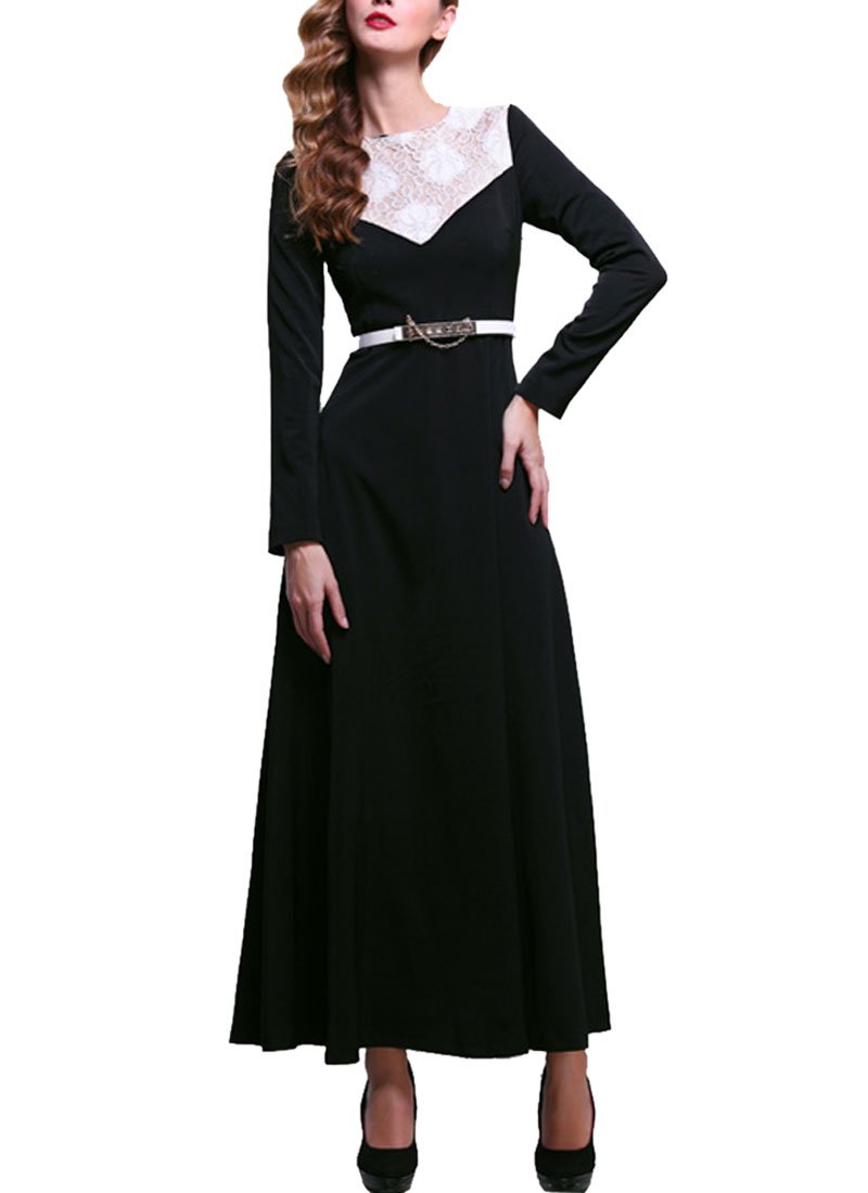 Black Maxi Dress with White Floral Lace Details on Front Bodice RM198