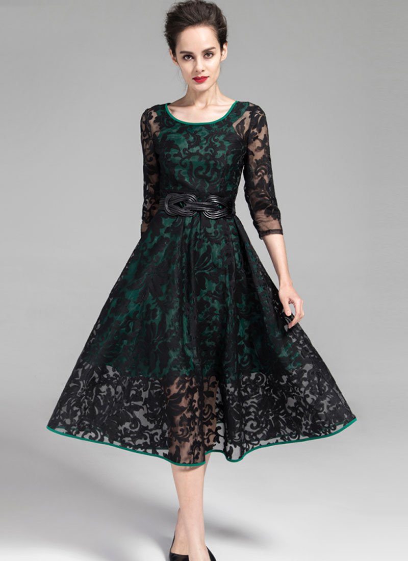 Black Embroidered Organza Lace Midi Dress with Green Piping and Lining RM202