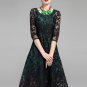 Black Embroidered Organza Lace Midi Dress with Green Piping and Lining RM202