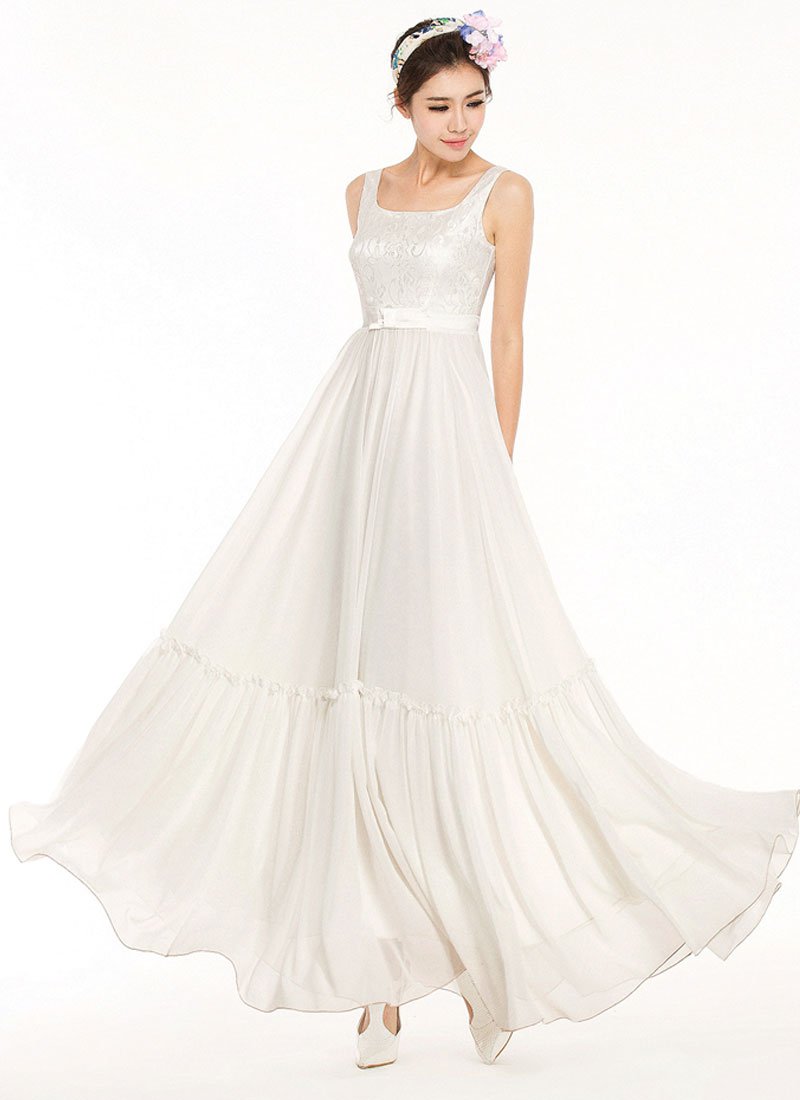 Sleeveless White Lace Chiffon Maxi Dress with Bow Shape Waist Yoke RM208