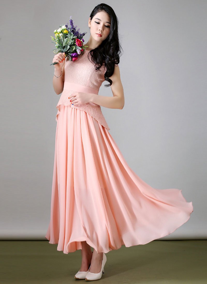 Rosy Pink Lace Chiffon Peplum Maxi Dress with Waist Yoke RM216