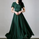 Dark Green Maxi Dress with Layered Front Bodice and Flutter Sleeves RM217