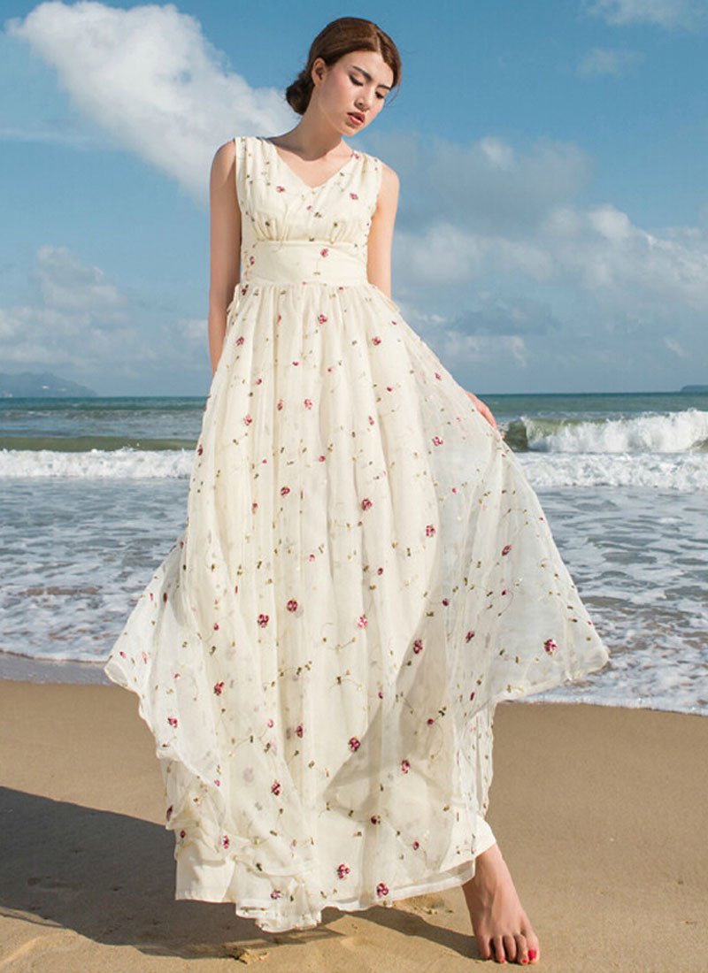 Floral Embroidered Lace Maxi Dress with Draw String Waist Yoke RM222