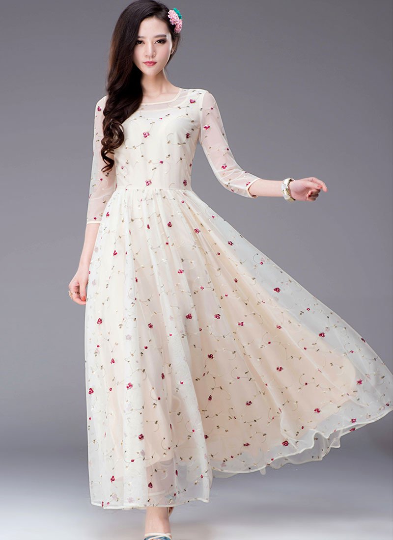 Floral Embroidered Beige Maxi Dress with 3 Quarter Sleeves RM234