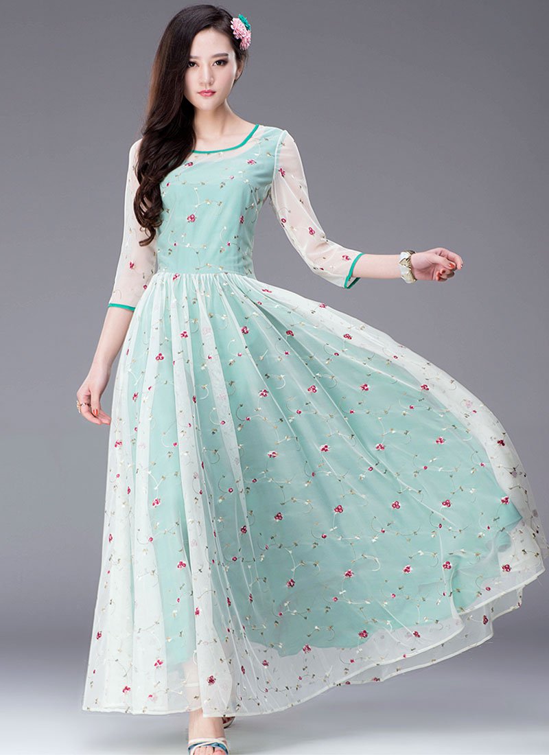 Floral Embroidered Turquoise Maxi Dress with 3 Quarter Sleeves RM234