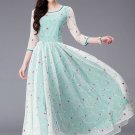Floral Embroidered Turquoise Maxi Dress with 3 Quarter Sleeves RM234