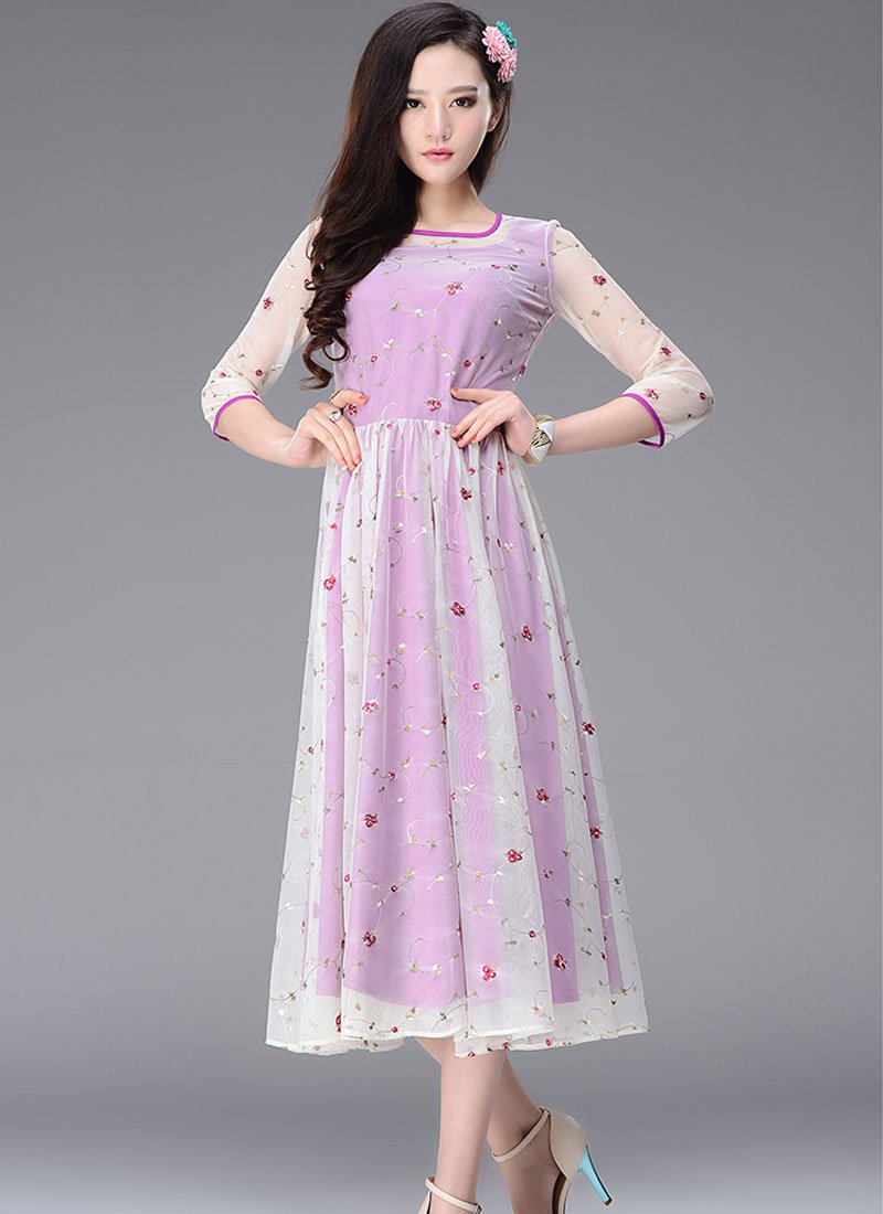 Floral Embroidered Orchid Tea Dress with 3 Quarter Sleeves RM234