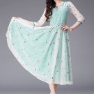 Floral Embroidered Turquoise Tea Dress with 3 Quarter Sleeves RM234
